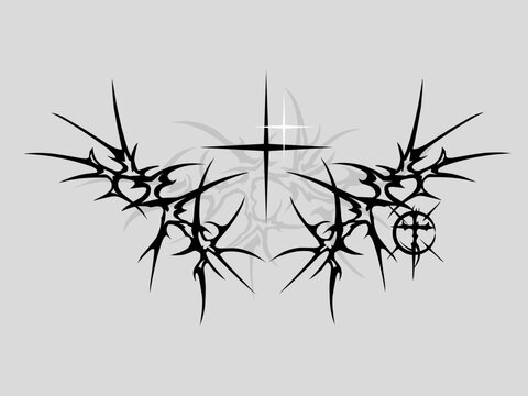 Neo tribal cyber sigilism abstract symmetrical vector with star and cross ornament, gothic dark aesthetic design for tattoos, apparel, and prints