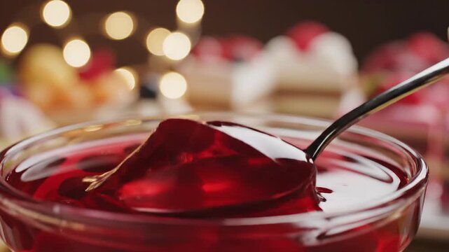 Close-up of spoon scooping cherry jelly with berries from glass bowl, festive lights background