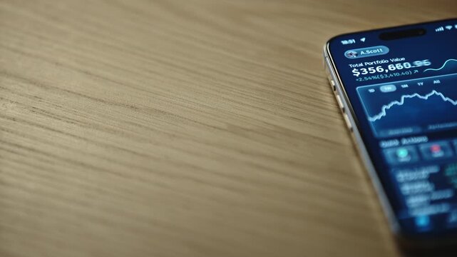 Smartphone with financial investment app showing portfolio growth placed on wooden table. Large copy space on left side for text, presentation or infographic. Business, fintech and wealth management