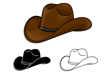 Classic cowboy hat vector set in three styles including brown color graphic black silhouette and line art outline for western ranch rodeo apparel branding and wild west themed design elements.
