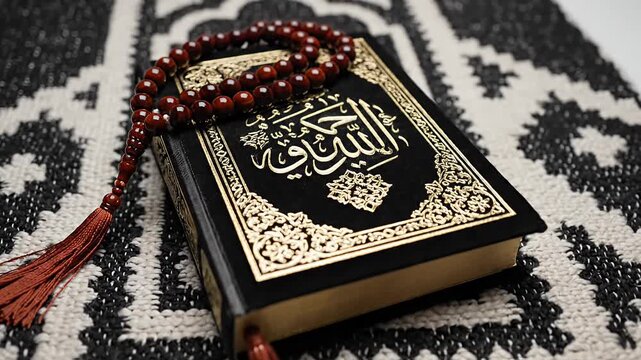 Sacred scripture and prayer beads resting on patterned prayer rug