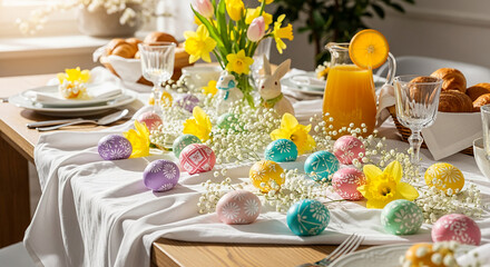 A table setting with decorated Easter eggs, flowers, juice, and baked goods, suggesting a festive spring holiday or celebratory meal