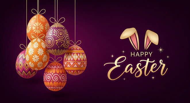 Ornate Easter eggs hanging against a dark purple background with golden bunny ears and the phrase "Happy Easter", symbolising celebration, festive time
