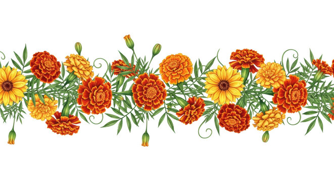 seamless horizontal watercolor border of dense marigolds, burnt orange and sunflower yellow, intricately detailed with emerald leaves, against a transparent background. concept of rustic floral