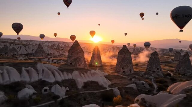 Majestic hot air balloons ascend over Cappadocia's fairy chimneys at sunrise with stunning natural rock formations