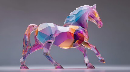 Fototapeta premium Vibrant Low Poly Glass Horse Sculpture in Motion – Modern Geometric Luxury Art Design
