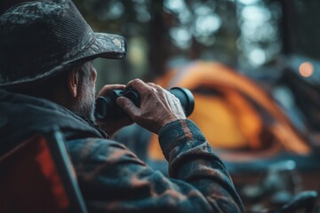 Fototapeta premium close-up of a man sitting on a camping chair, holding binoculars and looking at a tent in a campsite Generative AI