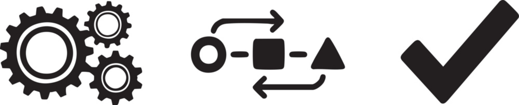 Black and white of gears arrows shapes and checkmark circle