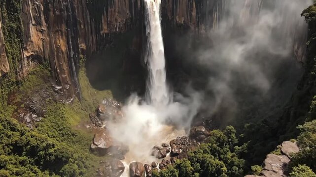 Stunning aerial view of kalambo falls majestic waterfall plunging into deep canyon with mist rising from rocks in zambia africa