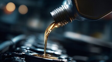 Fototapeta premium Golden motor oil pouring from a bottle into a car engine, close up stream showing clean lubricant during maintenance and oil change for vehicle protection and performance