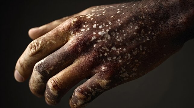 Human hand showing depigmented, cracked and scaly patches on dark skin, close up of dermatological condition such as vitiligo or psoriasis needing medical evaluation and care