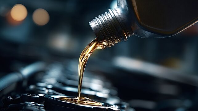 Golden motor oil pouring from a bottle into a car engine, close up stream showing clean lubricant during maintenance and oil change for vehicle protection and performance