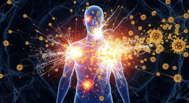Human body fighting infection with immune system response