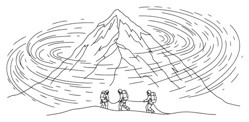 Fototapeta premium Winding river flowing through mountain valley landscape one line drawing. Scenic nature view with pine trees and hills in continuous line art style.