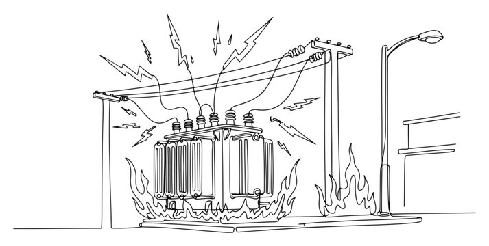Electrical transformer fire disaster one line drawing. Power line short circuit with lightning sparks and flames. Electric grid emergency and energy infrastructure accident concept.