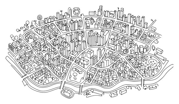 Aerial city map view one line drawing. Urban planning and metropolitan architecture concept in continuous line art style. Smart city layout with buildings and streets.