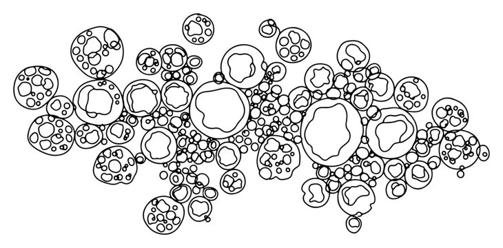 Organic cell structures or bubbles one line drawing. Abstract microbiology, bacteria or petri dish culture in continuous line art style. Science and medical research concept.