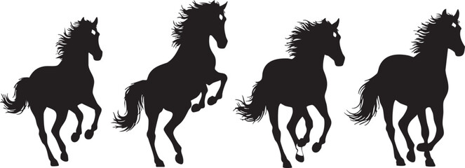 Four black horse silhouettes running on white background horses 2