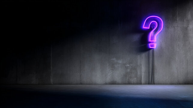Neon purple question mark illuminated on dark textured wall, symbolizing curiosity, inquiry, or problem solving.
