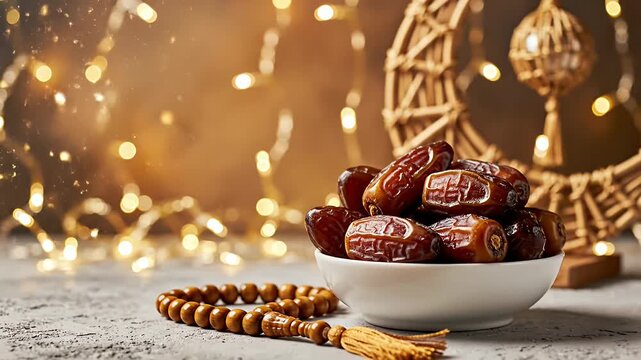 Dried fruit in bowl with prayer beads and crescent decoration illuminated by warm bokeh lights