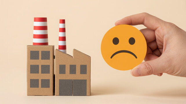 Hand Holding Sad Face Emoji In Front Of Broken Factory Model For Environmental Disaster And Industrial Decline Concept