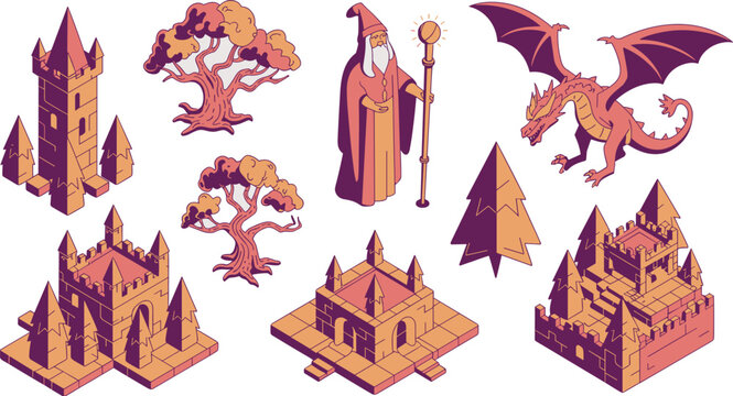Fantasy isometric elements collection featuring a wizard dragon castle tower trees and forest landscape for game design and illustration concepts in a retro isometric art style