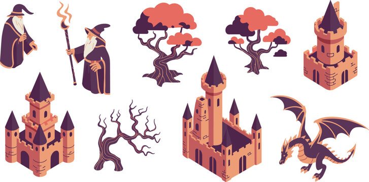 Fantasy isometric collection featuring wise wizards in robes holding staffs magical castles and a fierce dragon flying amongst stylized trees and barren branches for medieval adventure stories and mys