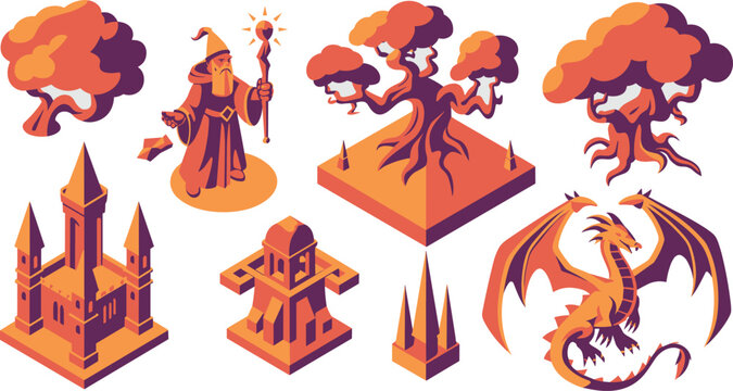 Fantasy isometric elements collection wizard dragon castle ancient tree magical landscape icons for game development mobile apps and illustration projects unique cartoon style digital art concept
