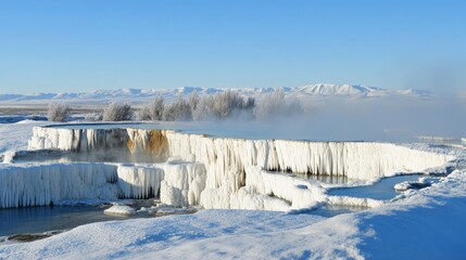 A frozen waterfall with a misty fog in the background. The misty fog gives the scene a serene and peaceful mood