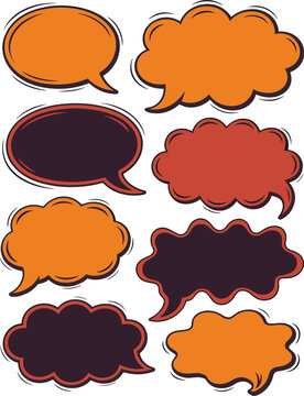 Collection of retro comic book style speech bubbles and thought clouds in vibrant orange red and dark purple perfect for dialogue messages communication announcements and creative design elements grap