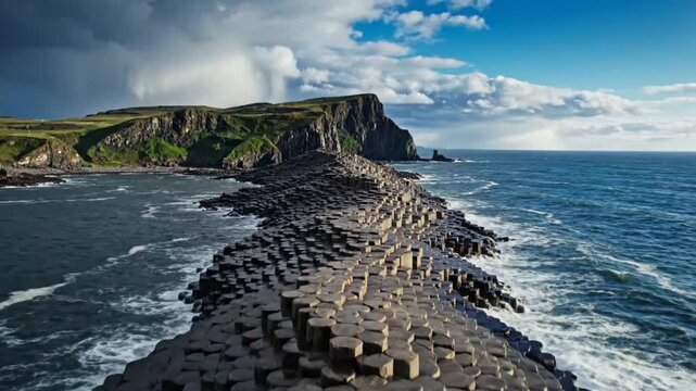 Dramatic aerial perspective of giant's causeway basalt columns and powerful ocean waves crashing against rugged Irish coastline