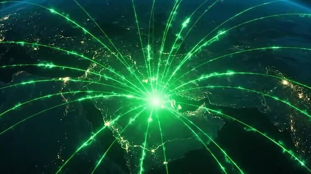 Digital global network connection with green light lines over Saudi Arabia and Middle East, technology and connectivity concept, seamless loop