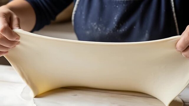 Chef's Gentle Touch: A skilled chef delicately stretches a sheet of dough, showcasing the tender and elastic nature of the culinary creation.