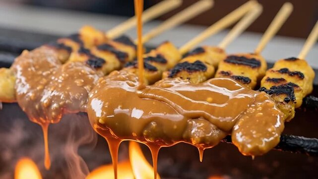 Sizzling Satay Skewers: A close-up shot of grilled satay skewers being drizzled with a rich, savory peanut sauce, the scene enhanced by the flickering flames below.