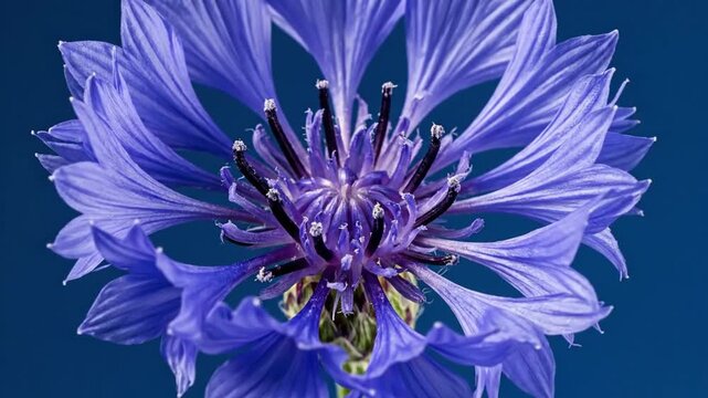 Close-up of a vibrant blue cornflower in full bloom against a dark blue background.