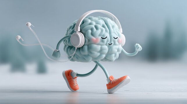 Cartoon brain character jogging outdoors in headphones and sneakers symbolizes mental wellness, active lifestyle, and positive mindset