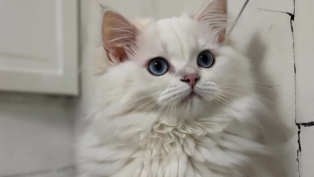 A frontal depiction of an entirely white feline possessing vividly blue eyes positioned against a plain contextual backdrop