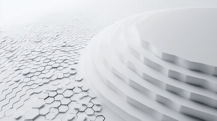 Abstract white geometric shapes, layered platform, digital art, background