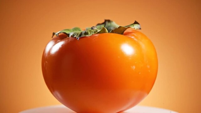 Close-up of a vibrant orange persimmon fruit with green leaves, rotating slowly on a white surface against an orange background.