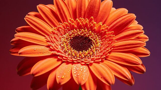 Close-up of a vibrant orange gerbera daisy with water droplets on its petals, set against a gradient background.