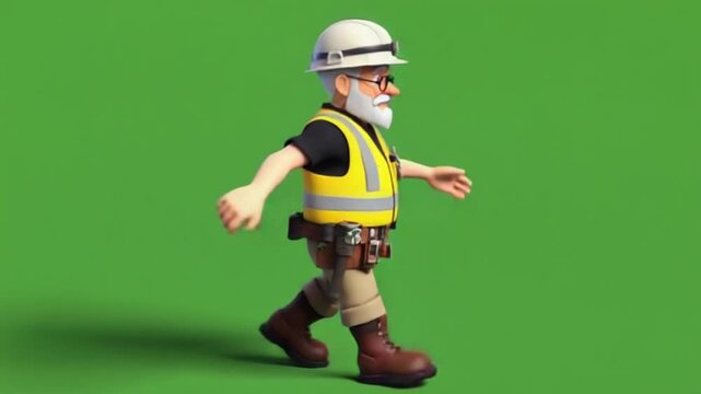 3D construction worker character with safety vest and tools