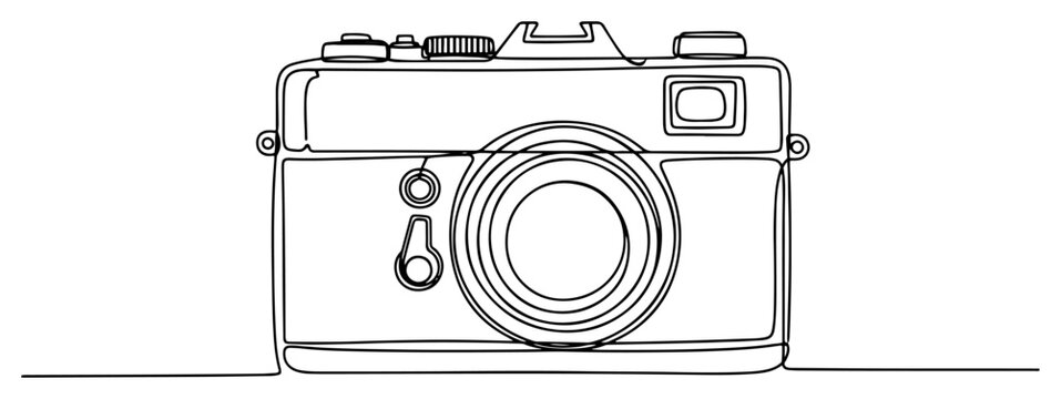 Vintage photo camera one line drawing. Classic retro analog photography equipment and creative hobby concept in continuous line art.