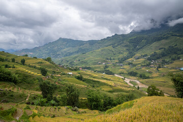 Layered rice terraces sweep across the lush valley near Sapa, with a winding river and scattered rural houses beneath dramatic, cloud-covered mountains. The landscape is vibrant and textured, evoking © Florent