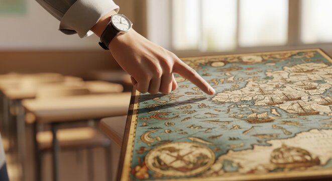 Hand pointing at detailed old map on wooden desk, bright classroom background. Person's finger tracing routes, showing ships, landmasses on antique old map document. Concept old map for education,