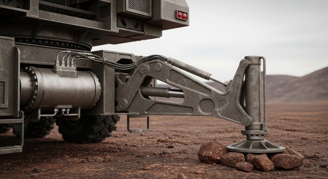 Heavy duty planetary exploration vehicle outrigger providing stability on barren rocky terrain. Robotic planetary exploration vehicle component with hydraulic mechanism supporting expedition mission.