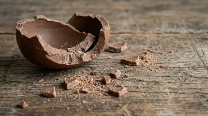 Broken chocolate Easter egg with realistic crumbs on wooden table