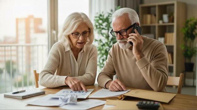 Senior Couple Reviewing Bills and Financial Documents at Home