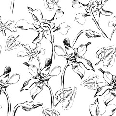 Seamless pattern of cyclamen flowers. Vector illustration. Black silhouette on a white background. Suitable for wallpaper, wrapping paper, fabric, textiles, and stationery
