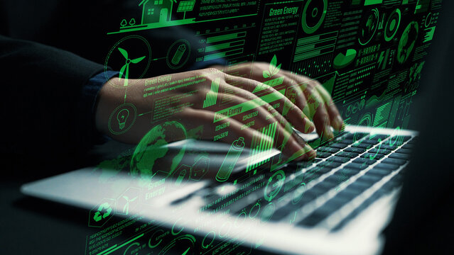Explore the dynamic intersection of technology and green energy through this digital artwork showcasing hands typing data related to sustainable solutions and efficient practices. Cipher