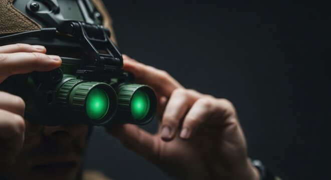 Night vision goggles worn by person in dark, adjusting modern surveillance equipment. Night vision goggles provide advanced optical capability for tactical operations and security.